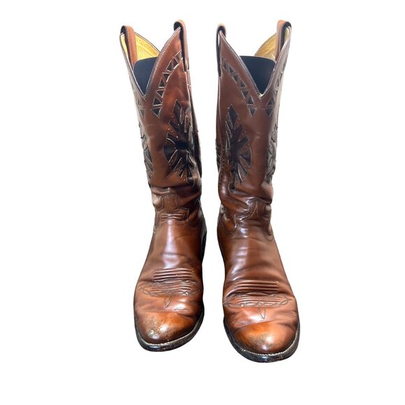 VTG Justin Leather Cowboy Boots Comb Last  9.5 B Brown Western Embroidered 2510 - Picture 1 of 16